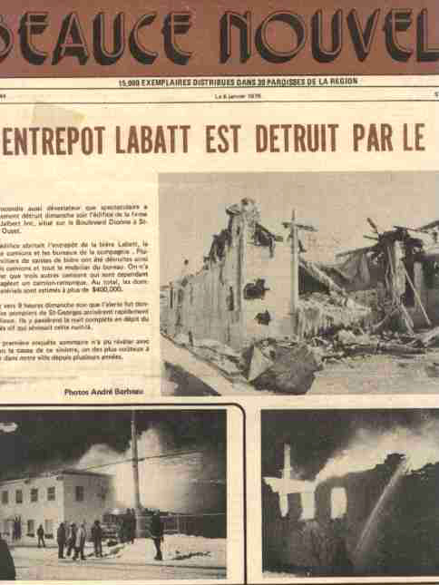 L'entrepot Labatt est incendié en 1976