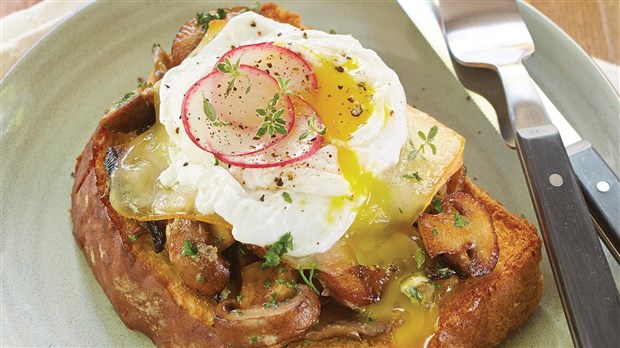 Brunch rustique : Tartine gratinée aux champignons et œuf poché
