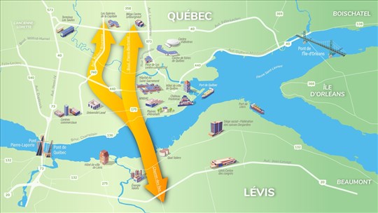 Le tracé du 3e lien Québec-Lévis à la hauteur du chemin des Îles